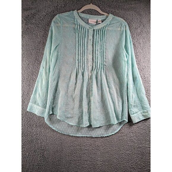 Chicos Top Size 1 Kandyce Button Front Shirt Details Embroidered Sheer Medium - Picture 1 of 10